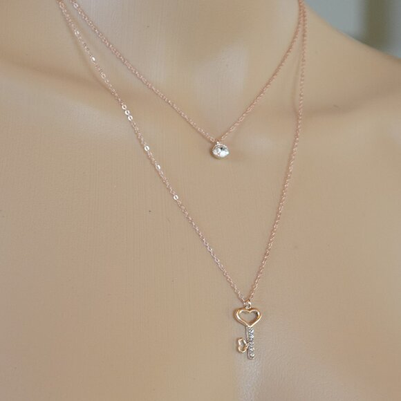 Rose Gold 2 Layer Chain Necklace With Crystal Key & Pendant - Picture 6 of 8